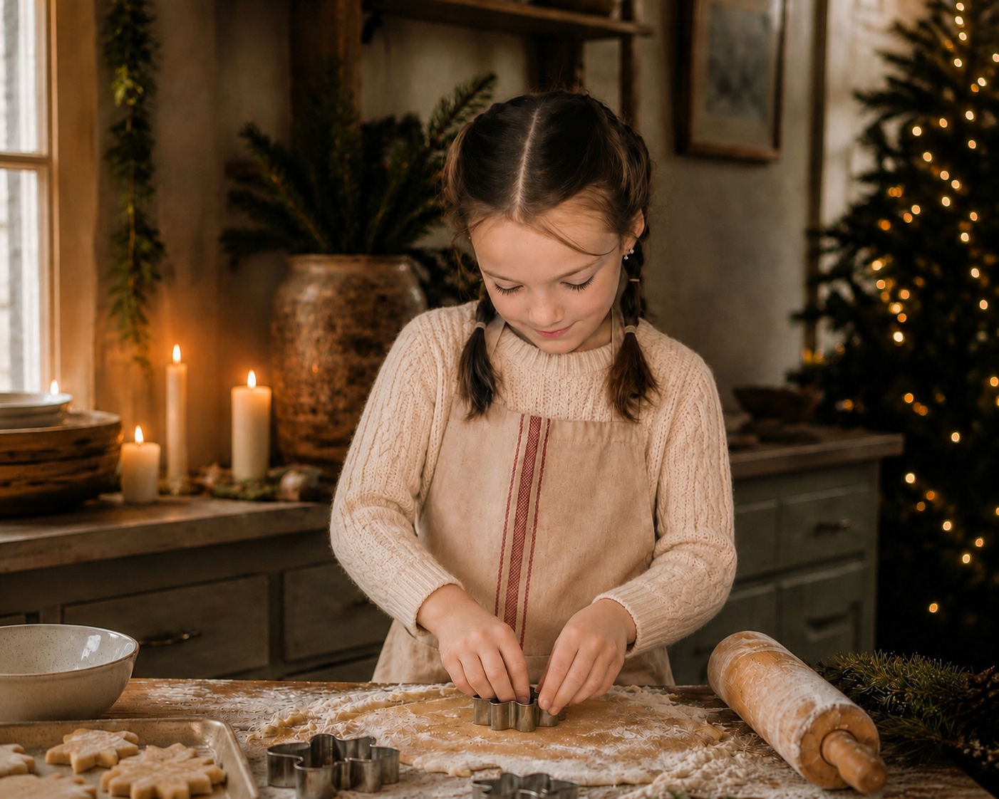 Ryn baking Christmas cookies by warm window light with evergreen decorations and a softly decorated Christmas tree