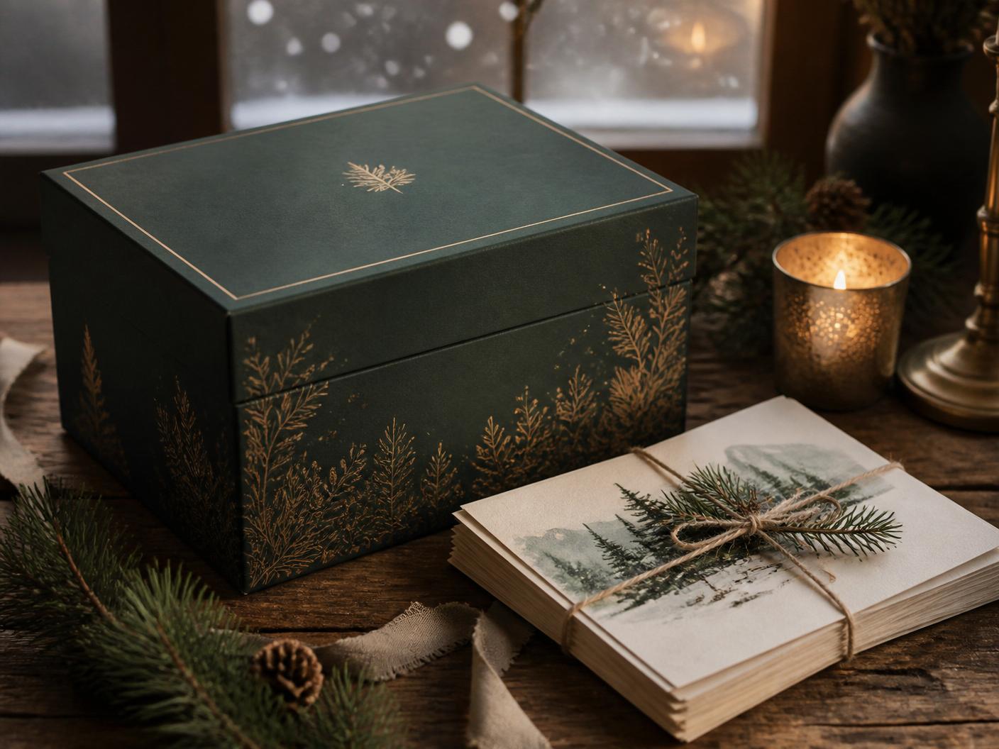 A deep evergreen keepsake gift box with gold botanical detailing beside a stack of Hearth Cards