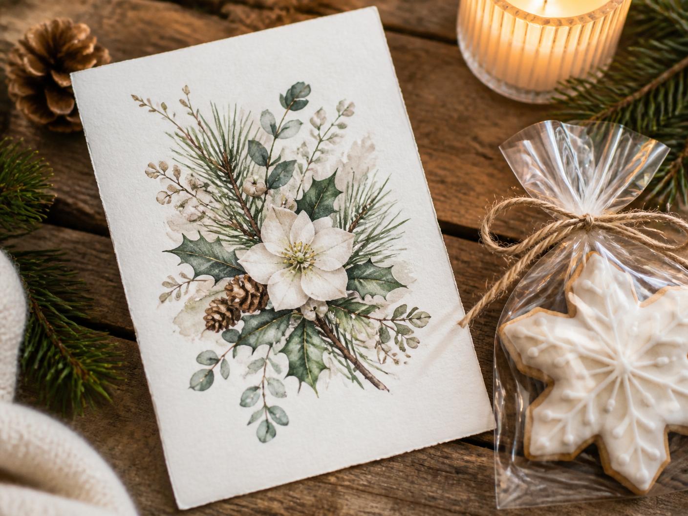 A watercolor-illustrated Hearth Card resting on a wooden table beside a wrapped cookie