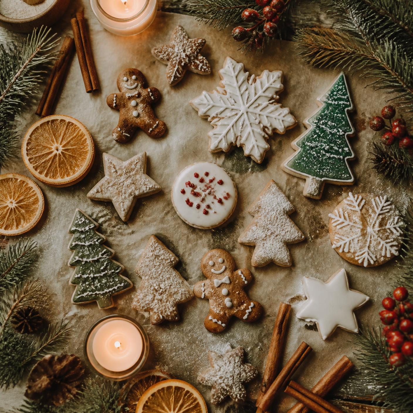 An arrangement of handcrafted Christmas cookies with pine, cinnamon, and orange slices
